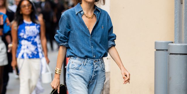 new york, new york   september 08 leandra medine is seen wearing ripped denim jeans, button shirt outside tibi during new york fashion week september 2019 on september 08, 2019 in new york city photo by christian vieriggetty images