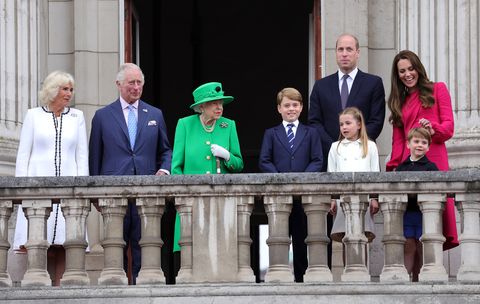 Camilla, Duchess of Cornwall, Prince Charles, Prince of Wales, Queen Elizabeth II, Prince George of Cambridge, Prince William, Duke of Cambridge, Princess Charlotte of Cambridge, Catherine, Duchess of Cambridge and Prince Louis of Cambridge