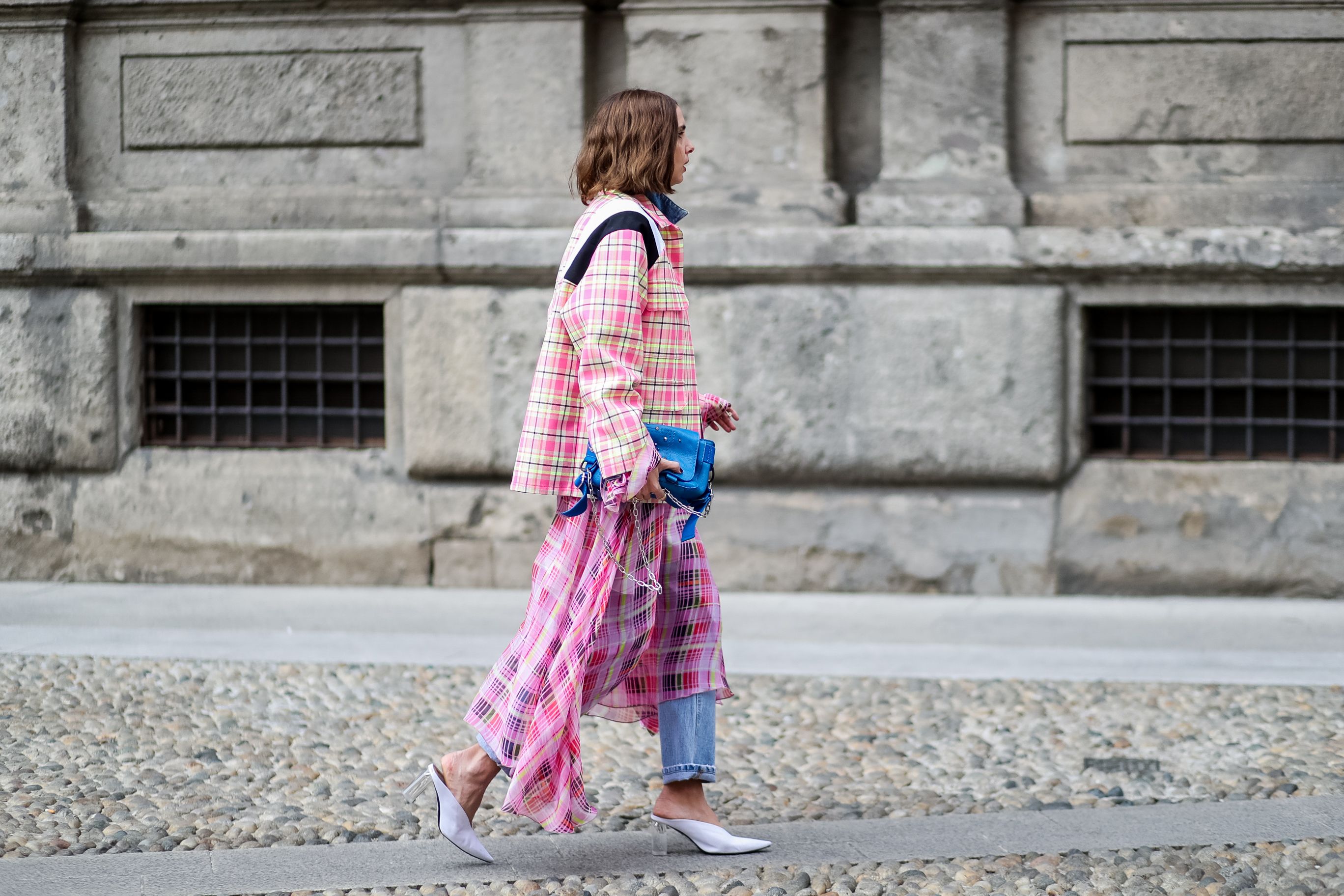 pink tartan skirt and blazer
