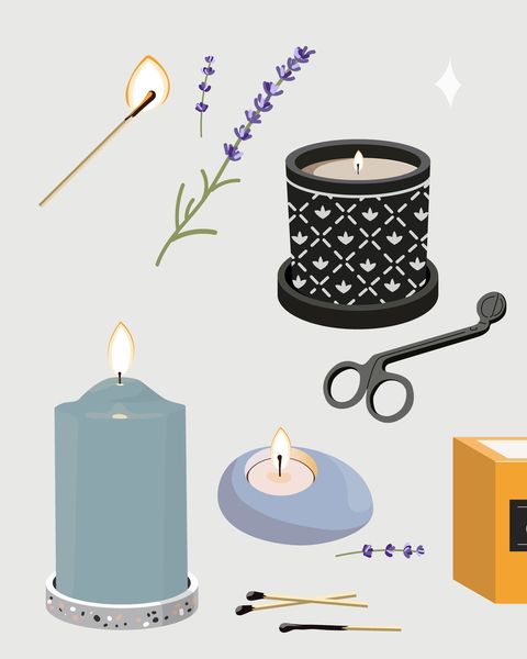 collection of burning trendy candles different sizes and shapes with branches of cotton decorative wax candles for aromatherapy and relax set of isolated flat cartoon vector illustrations