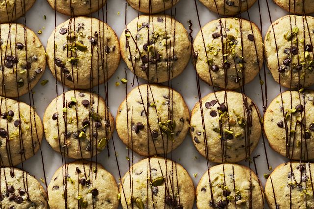 cannoli cookies with chocolate chips and pistachios, drizzled with chocolate