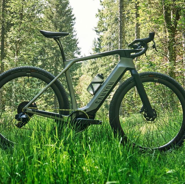 a green bike in a forest