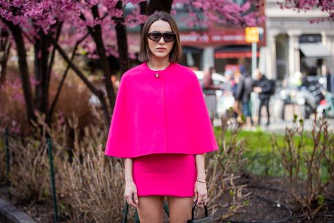 milan, italy   february 20 mary leest is seen wearing pink mini skirt and cape outside pucci during milan fashion week fallwinter 2020 2021 on february 20, 2020 in milan, italy photo by christian vieriggetty images