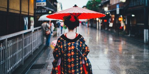 Umbrella, Red, Snapshot, Street fashion, Lighting, Kimono, Street, Pedestrian, Architecture, Infrastructure, 