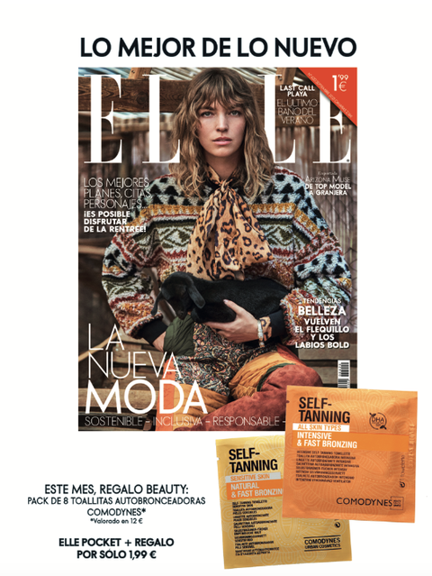 elle septiembre 2021 en formato packet, que llega con un regalo de pack de mascarillas autobronceadoras comodynes