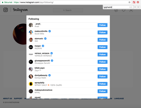 zayn still not following gigi as of 9 a m he only follows 28 accounts and several of them are fan accounts for him - instagram deleting follows