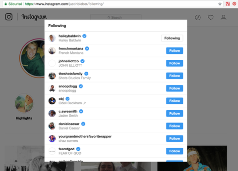 image - who is justin bieber following on instagram