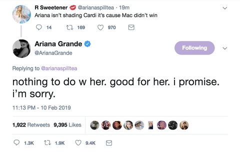Ariana Grande Explains Tweets Dissing Cardi B S Best Rap Album Grammy Win Over Mac Miller