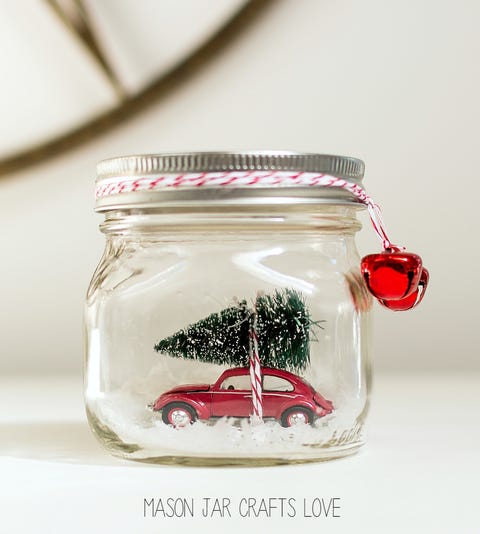 retro red car mason jar snow globe