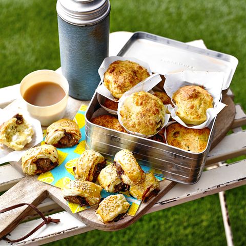 caramelised onion sausage rolls and goats cheese fig muffins