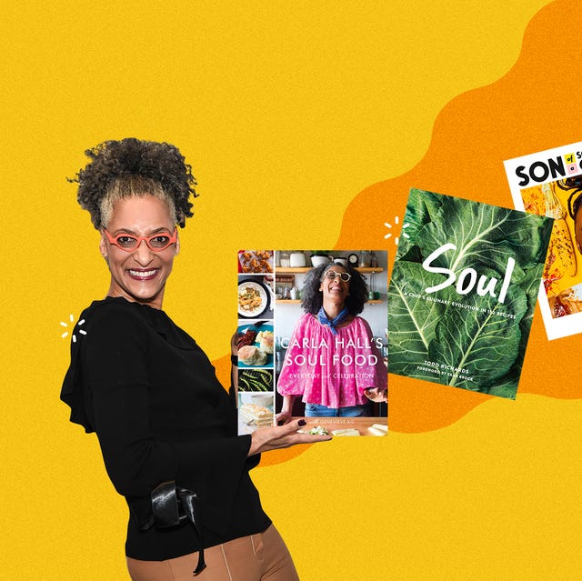 Carla Hall and Soul Food Cookbooks carla hall holding an array of soul food cookbooks
