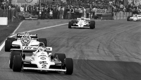 carlos reutemann leads nelson piquet and alan jones, at the f1 grand prix of belgium in 1981