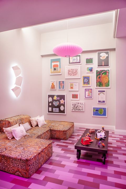 Pink, Interior design, Room, Living room, Furniture, Purple, Wall, Ceiling, House, Building, 
