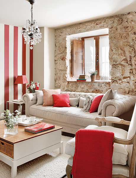 Living room, Room, Furniture, Interior design, Red, Couch, Property, Coffee table, Table, Curtain, 