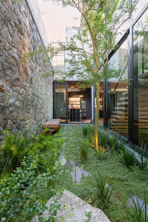 Una casa de estilo minimalista con patio ajardinado y terraza