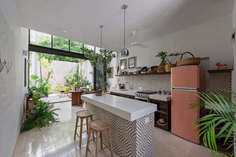 Una casa moderna con piscina, patio y muchas plantas