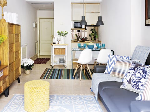 Living room, Room, Blue, Furniture, Interior design, Property, Floor, Yellow, Home, Building, 