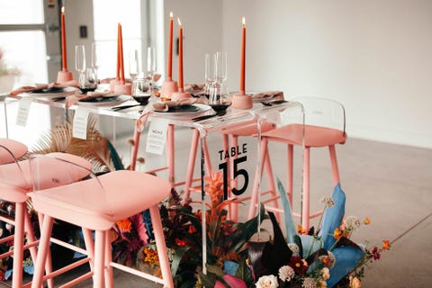 Table, Room, Pink, Furniture, Chair, Dining room, Interior design, Peach, Textile, Tablecloth, 