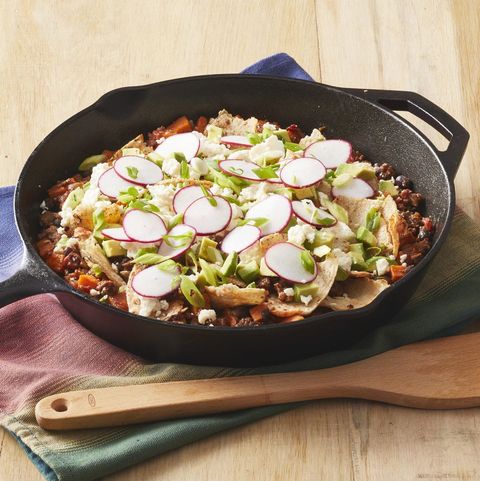 beef taco skillet with wooden spoon