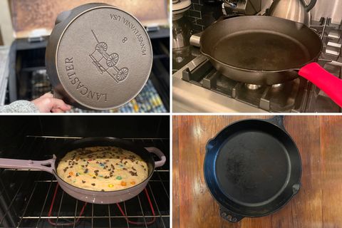 collage of 4 cast iron skillets being tested by gear patrol staff