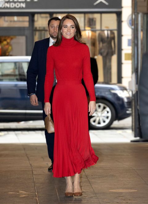 Kate Middleton Sports a Bright-Red Turtleneck and Matching Midi Skirt ...