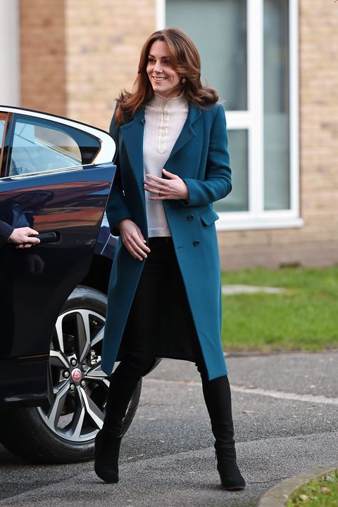 Kate Middleton Wore a Teal Coat and Skinny Black Jeans for Nursery Visit