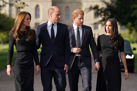 The Prince and Princess of Wales, accompanied by the Duke and Duchess of Sussex, greet well-wishers outside Windsor Castle