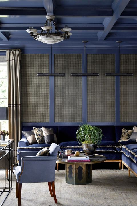 Room, Blue, Furniture, Interior design, Living room, Building, Ceiling, House, Wall, Table, 