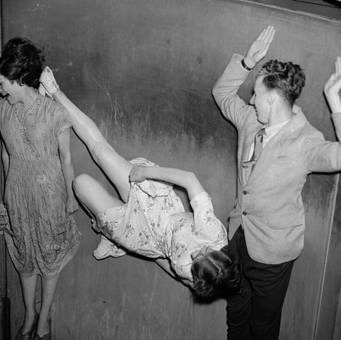 centrifugal force pins three intrepid people to the wall of the rotor at the festival pleasure gardens in london doris flores left appears to be averting her eyes from doris flaxman's immodest display of leg photo by don pricegetty images