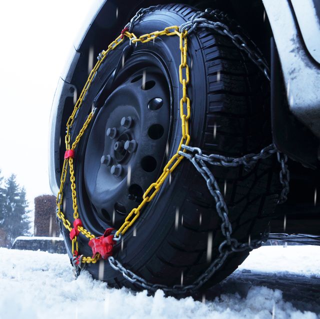 chains on tire in snow