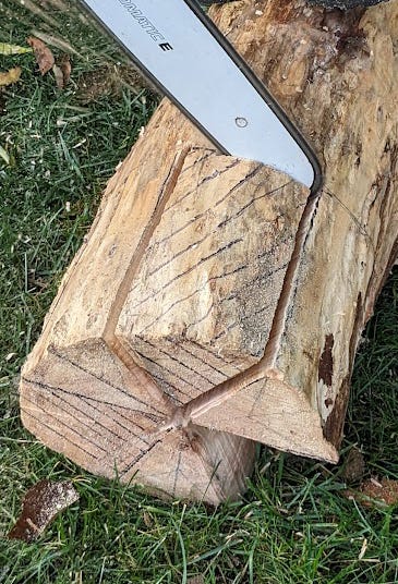 cutting log with chainsaw to make stool