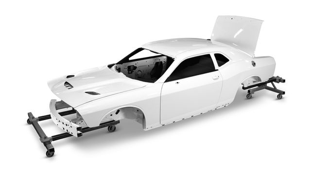 a newly available direct connection dodge challenger body in white kit, delivered without the roll cage, is available with standard e coat or with an optional choice of exterior vehicle colors for the 2023 model year