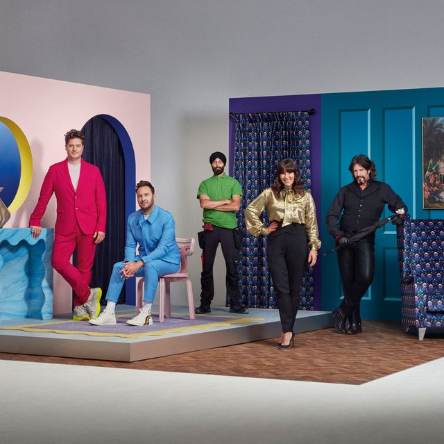 2lg jordan cluroe and russell whitehead within a set designed by them, showing their minimalist design style, tibby singh, anna richardson and laurence llewelyn bowen, who stands on his designed set, showing his maximalism design style, for changing rooms on channel 4