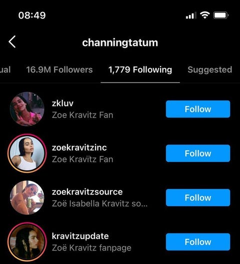 channing tatum following four zoë kravitz fan accounts