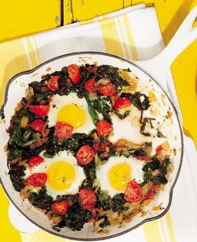 whole30 breakfast recipes: chard breakfast skillet with egg, onion, and tomato