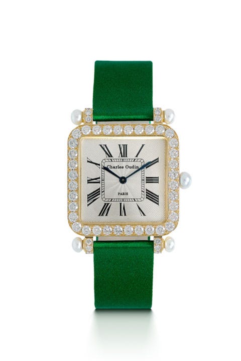 charles oudin green watch, yellow gold, diamonds, pearl