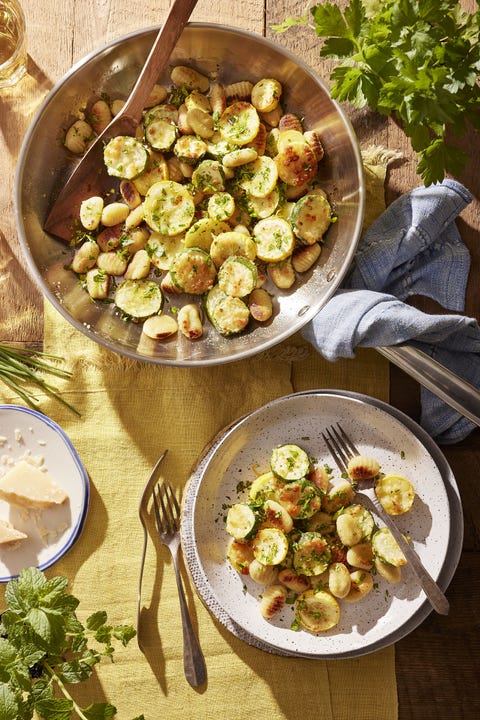 pan seared gnocchi with parmesan roasted summer squash and herbs