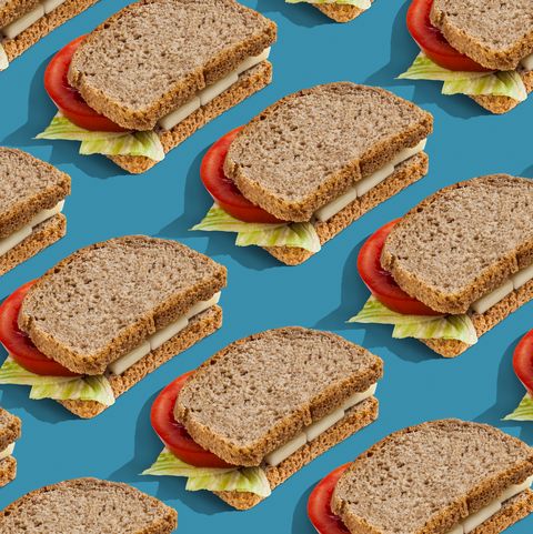 Cheese sandwich pattern on color background.