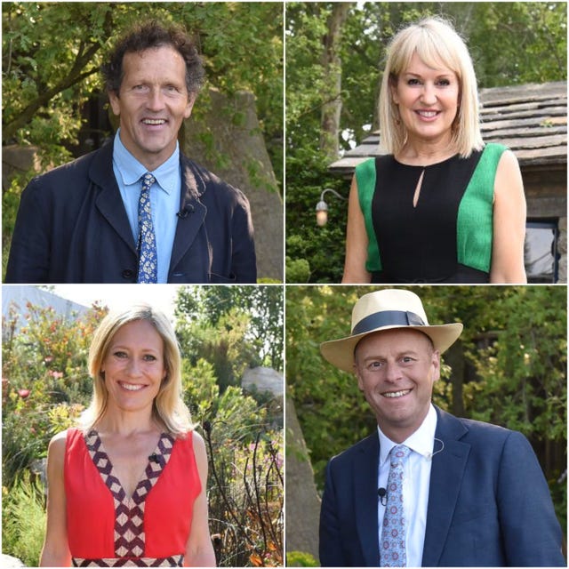 chelsea flower show presentatörer monty don, nicki chapman, sophie raworth och joe swift