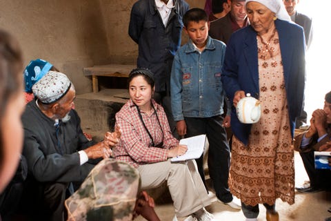 dawut conducting fieldwork in 2005, interviewing guests at a wedding