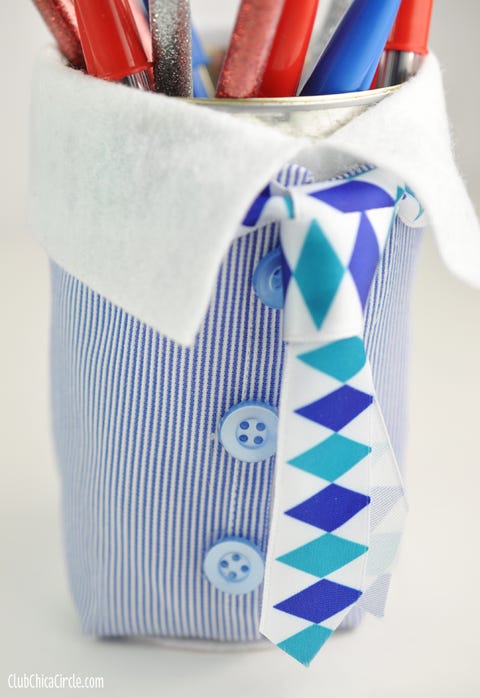 pencil cup decorated with fabric shirt and tie