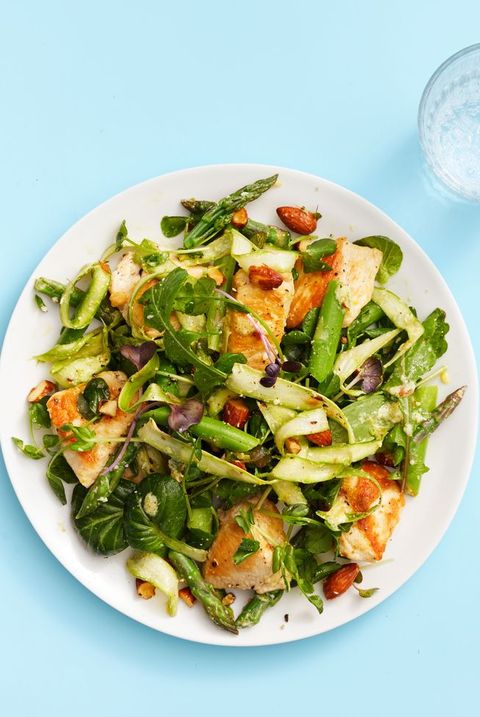 chicken and asparagus salad with meyer lemon vinaigrette on a plate
