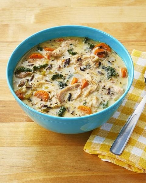instant pot creamy chicken and wild rice soup in blue bowl
