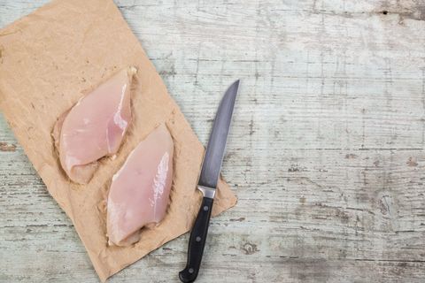 Chicken breast on brown paper and a knife