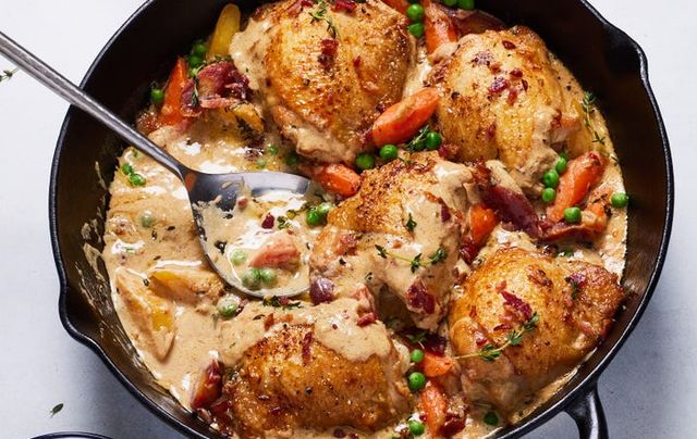 chicken dijon with carrots and peas