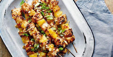 chicken and pineapple satay skewers with rainbow salad