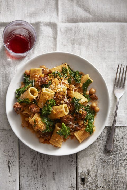 chickpea and kale rigatoni with smoky bread crumbs