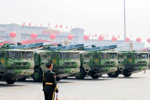 beijing china 01st oct 2019 beijing, china october 1 2019 df17 dongfeng medium range ballistic missiles equipped with a df zf hypersonic glide vehicle, involved in a military parade to mark the 70th anniversary of the chinese people's republic
