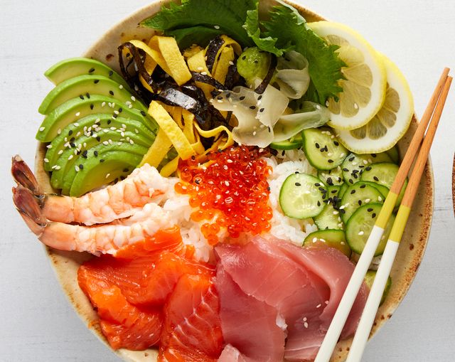 chirashi bowls with salmon, tuna and shrimp