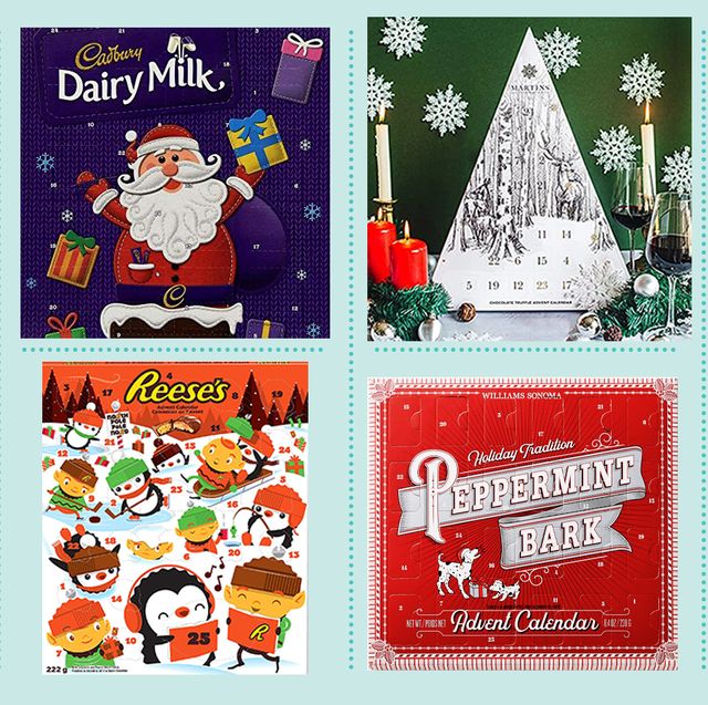 a series of eight boxes of chocolate advent calendars